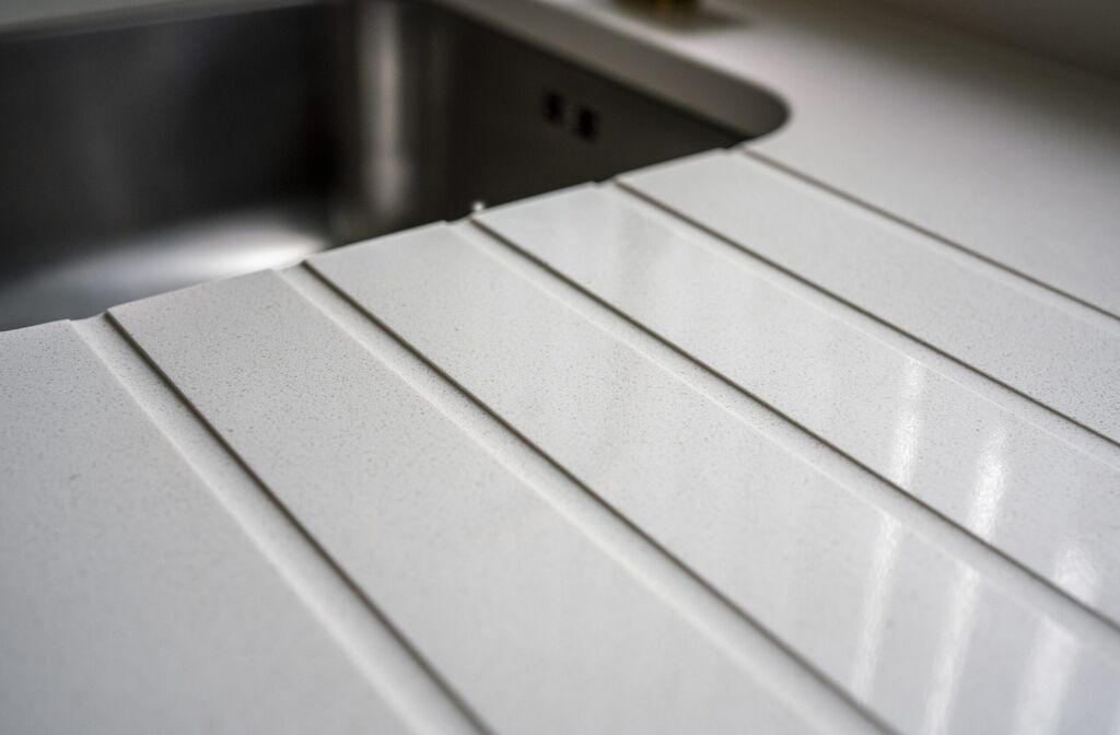 Close-up of Imperial White Quartz drainer grooves beside an inset sink with clean, straight channels