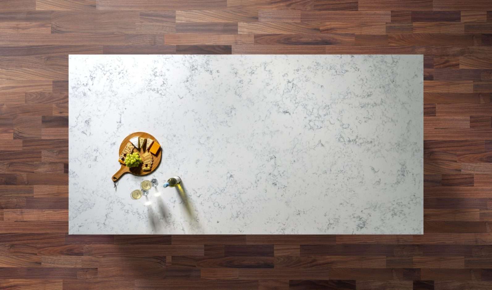 Overhead view of Arabescato Quartz worktop showing grey veining across a large island surface