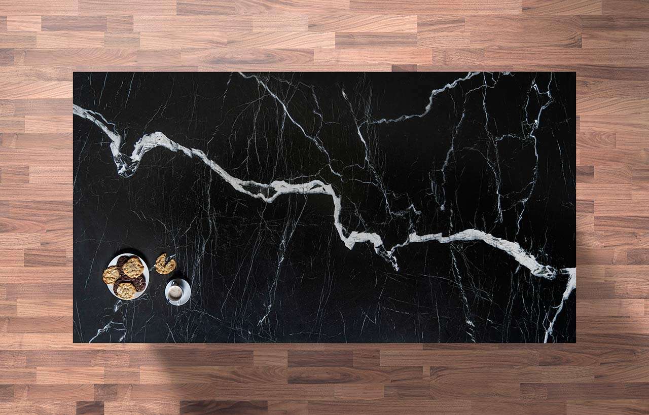 Black Mirage Porcelain island worktop with continuous white veining