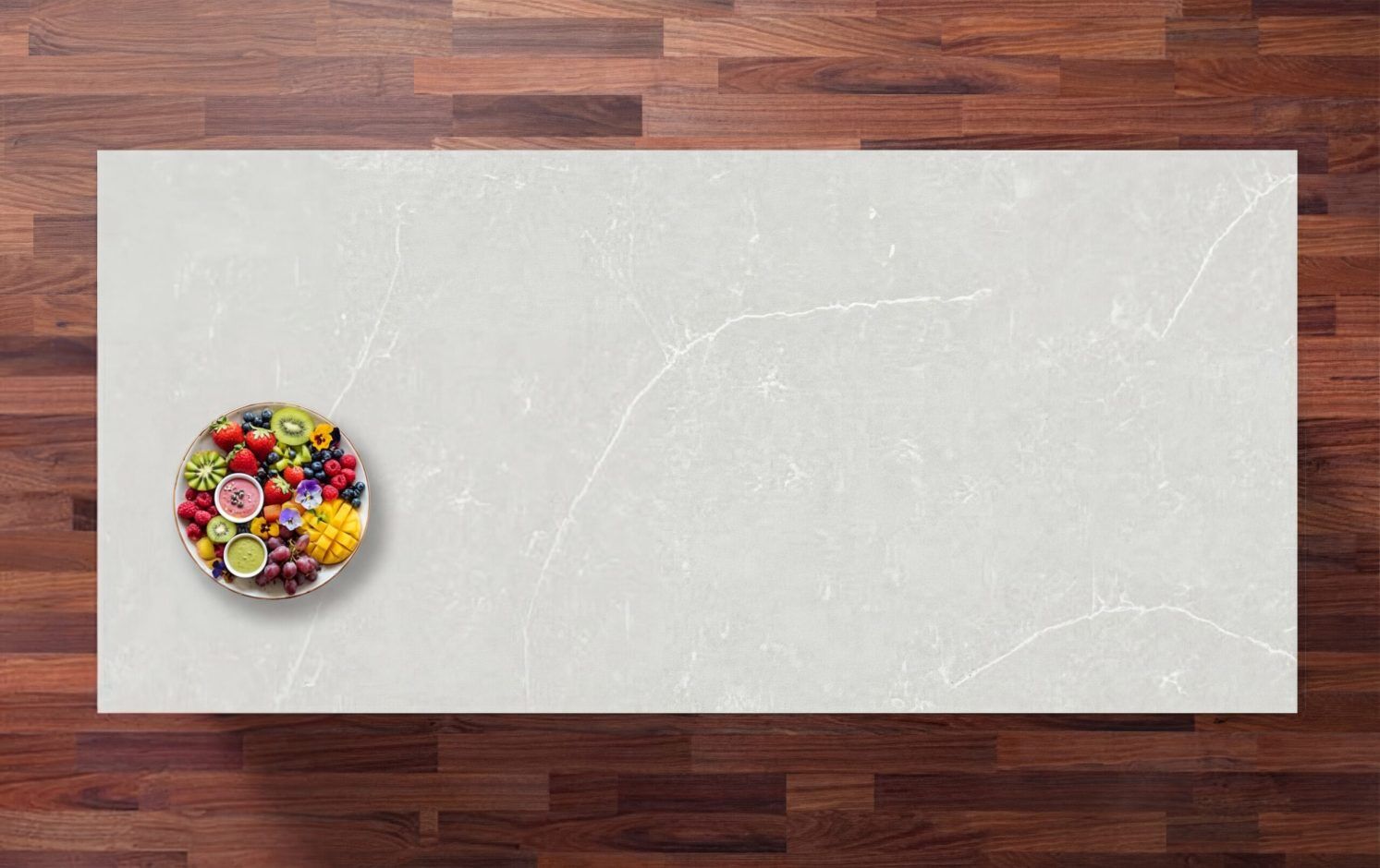 Desert Silver Quartz worktop shown from above with pale grey surface and soft white veining across a light finish