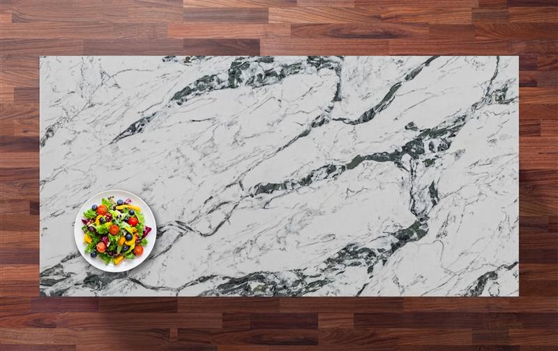Emerald Calacatta Quartz worktop shown from above with bold green veining across a bright white surface