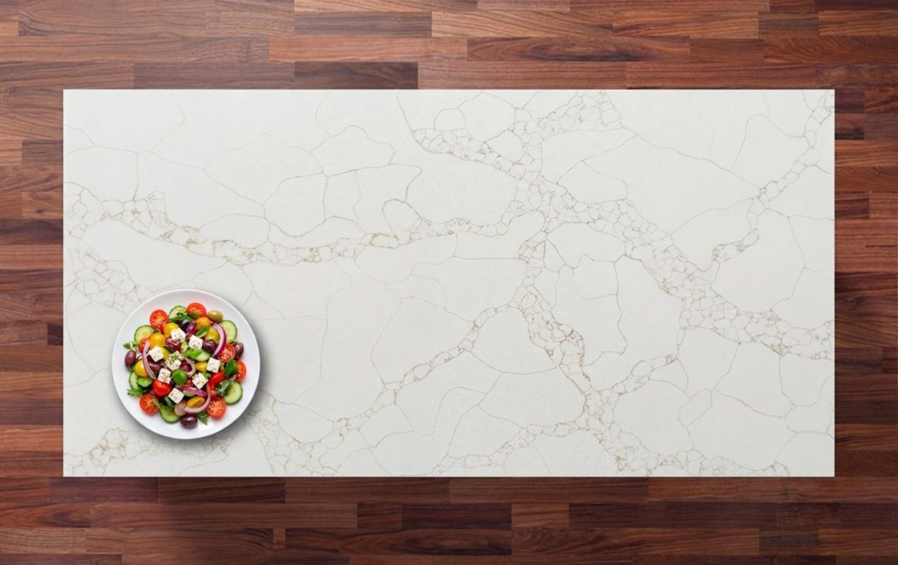 Gold Arabescato Quartz worktop shown from above with warm gold veining across a pale surface