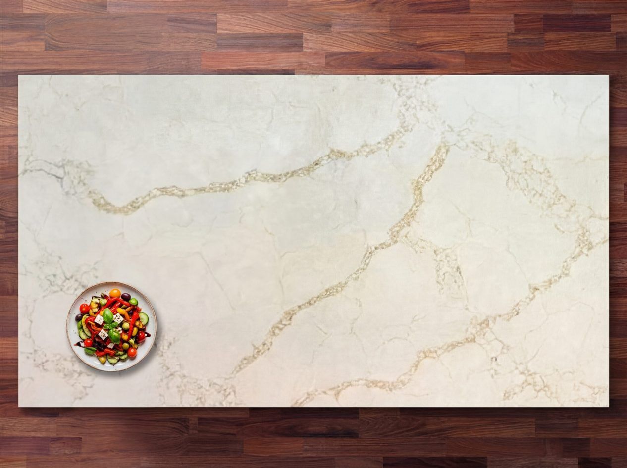 Supreme Calacatta Quartz worktop shown from above with warm gold veining across a bright white marble-effect surface