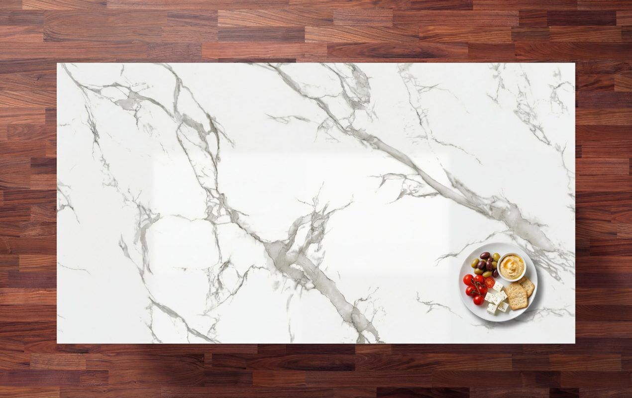 Aura 15 Porcelain worktop with bold marble style veining viewed from above