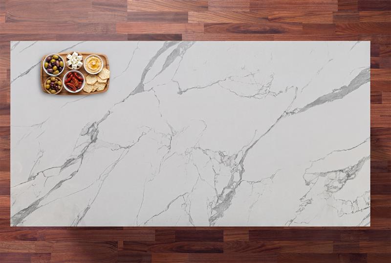 Statuario Reale Porcelain worktop shown from above with bright white marble-effect surface and bold grey veining