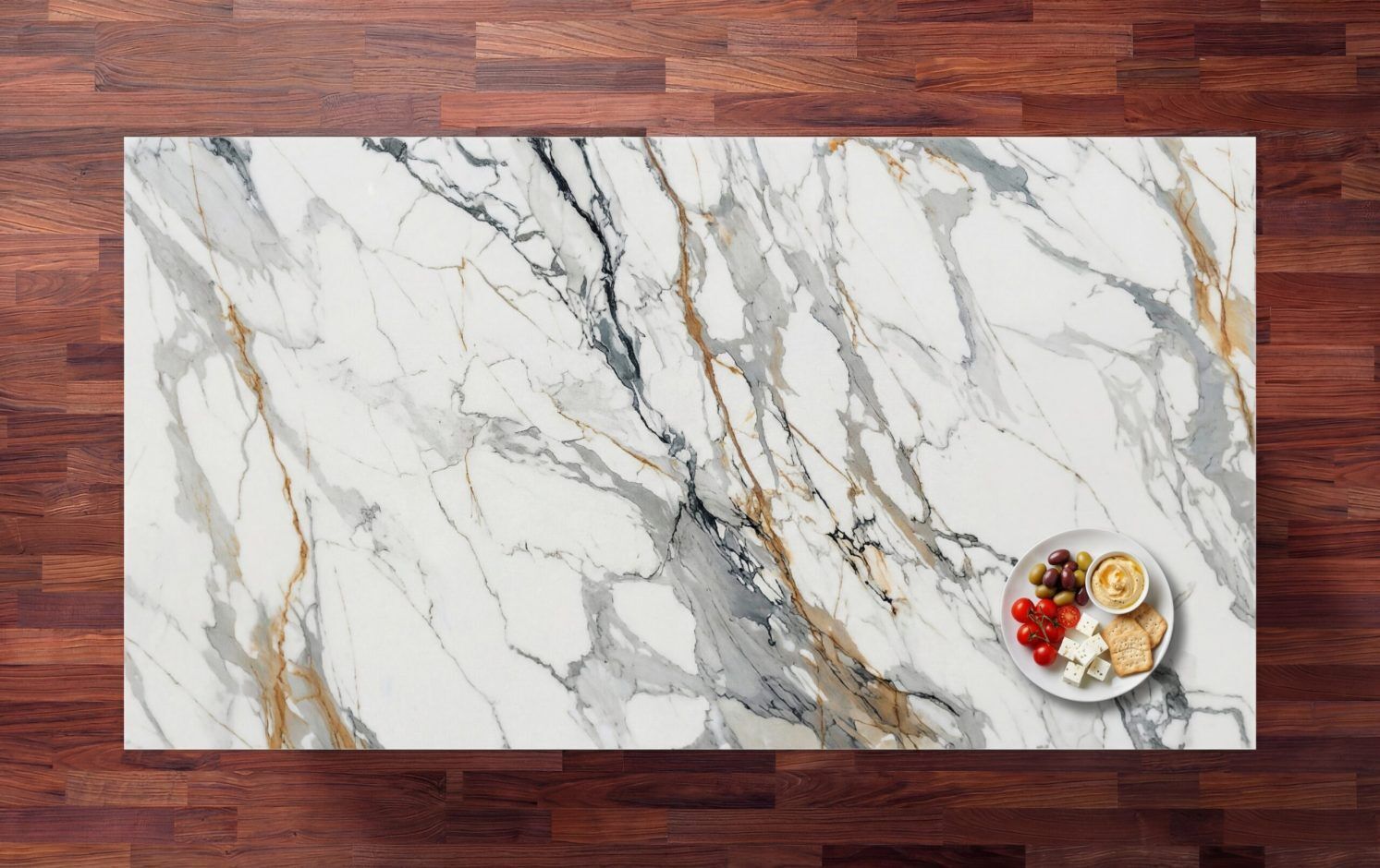 Calacatta Gold Borgnini Porcelain slab with a bright white base, bold grey veining and warm gold accents, photographed on a wood background