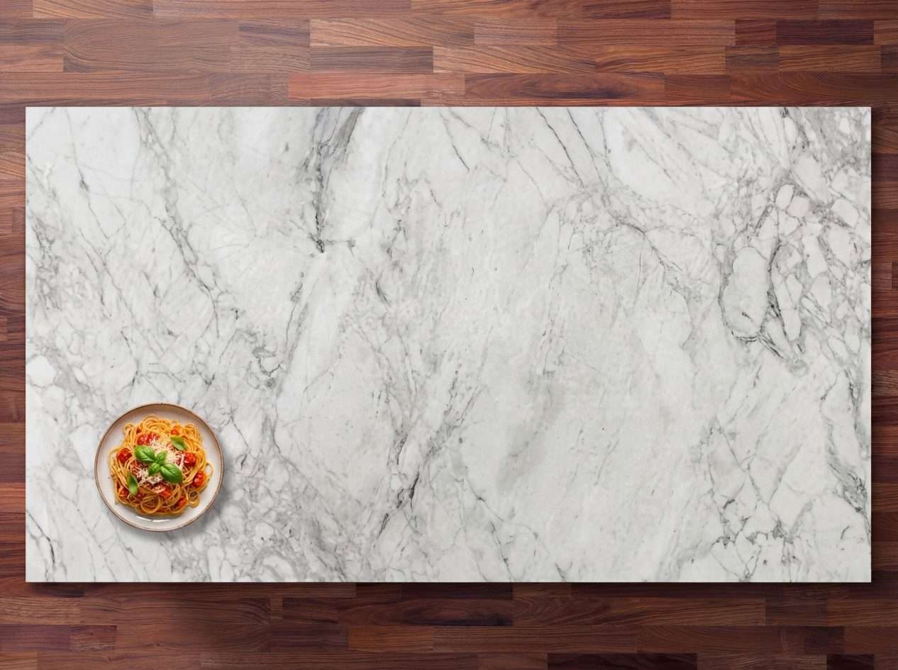 Bergen Porcelain slab in a light stone effect with layered grey veining, shown as a full surface view on a wood background