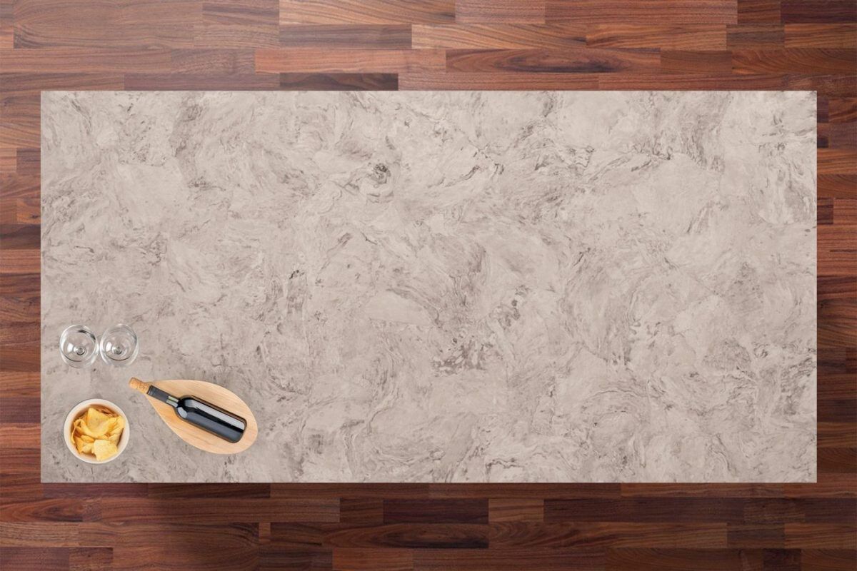 Ivory Drift Quartz worktop shown from above with soft marbled movement across a pale stone-effect surface