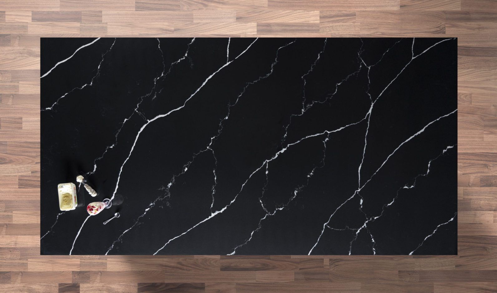 Nero Marquina Quartz worktop shown from above with black surface and fine white veining across the slab