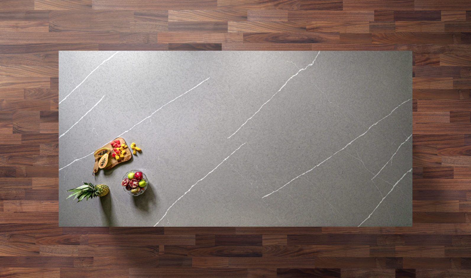 Pietra Grey Quartz worktop shown from above with dark grey stone-effect finish and fine white veining lines