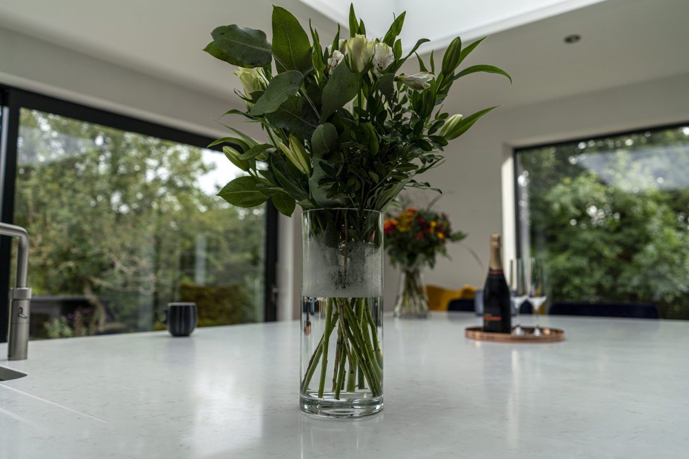 Carrara Quartz worktops in a modern kitchen with subtle grey veining
