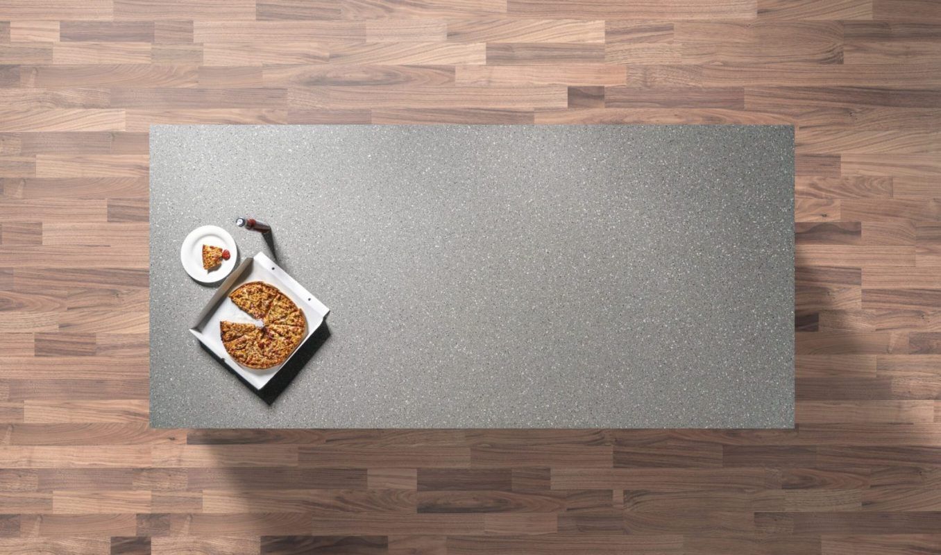 Titanium Quartz worktop shown from above with medium grey surface and fine speckled grain across the slab