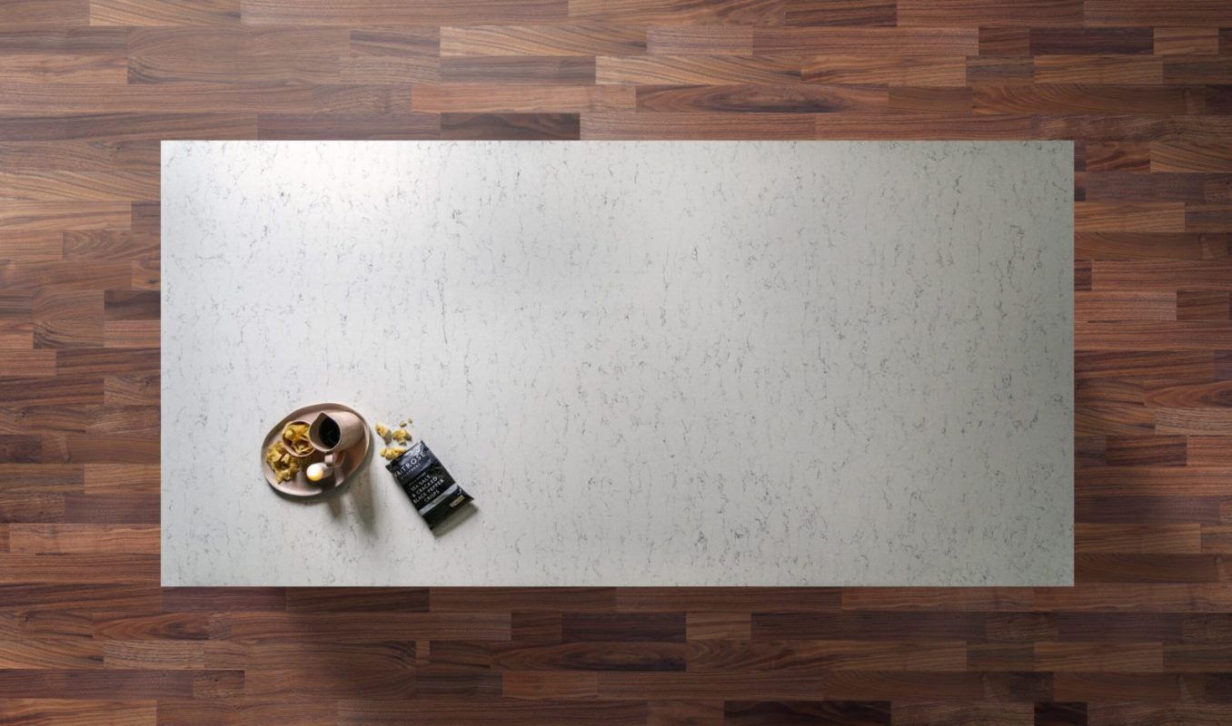 White Arabesque Quartz worktop shown from above with delicate grey marbling across a bright white surface