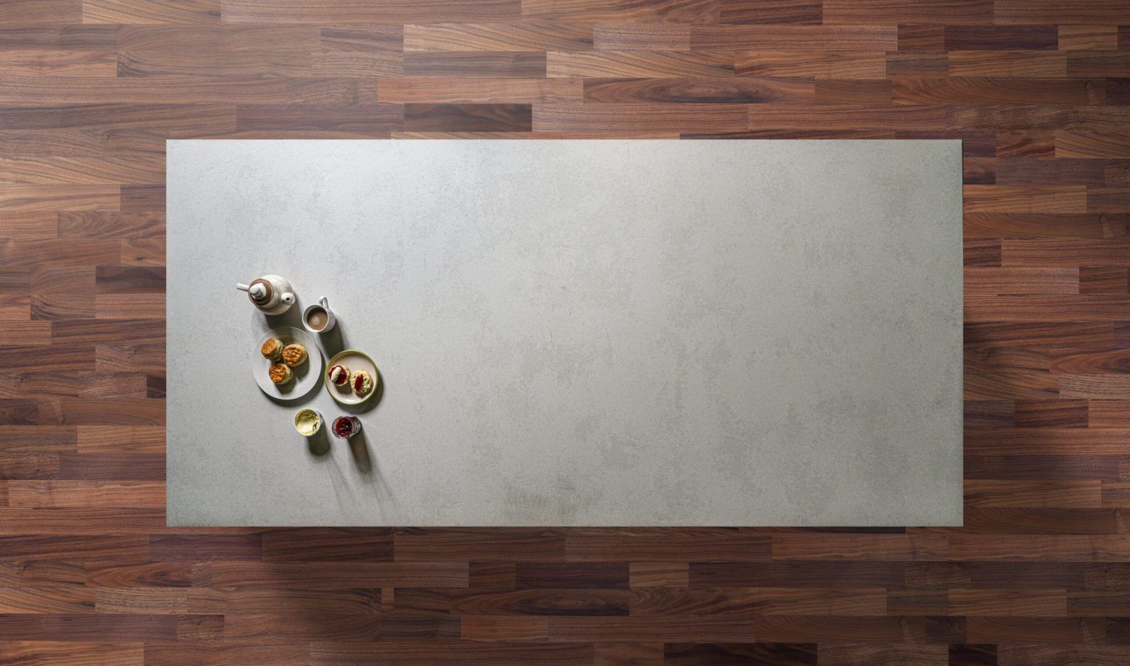 White Concrete Quartz worktop shown from above with soft concrete-effect shading across a pale surface