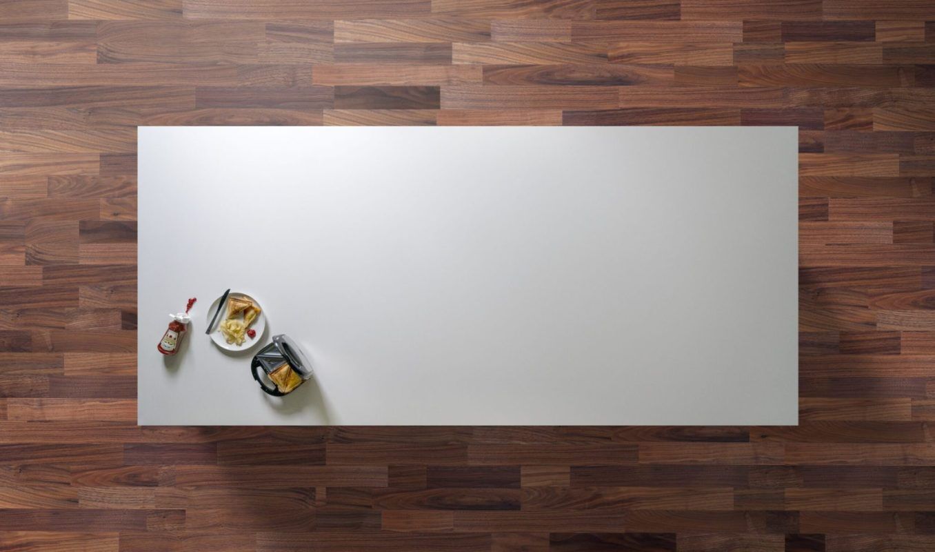 White Storm 14 Quartz worktop shown from above with bright white surface and subtle fine speckling across the slab