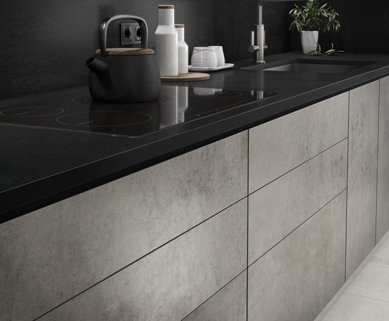 Kreta Porcelain kitchen worktop with dark surface and integrated sink