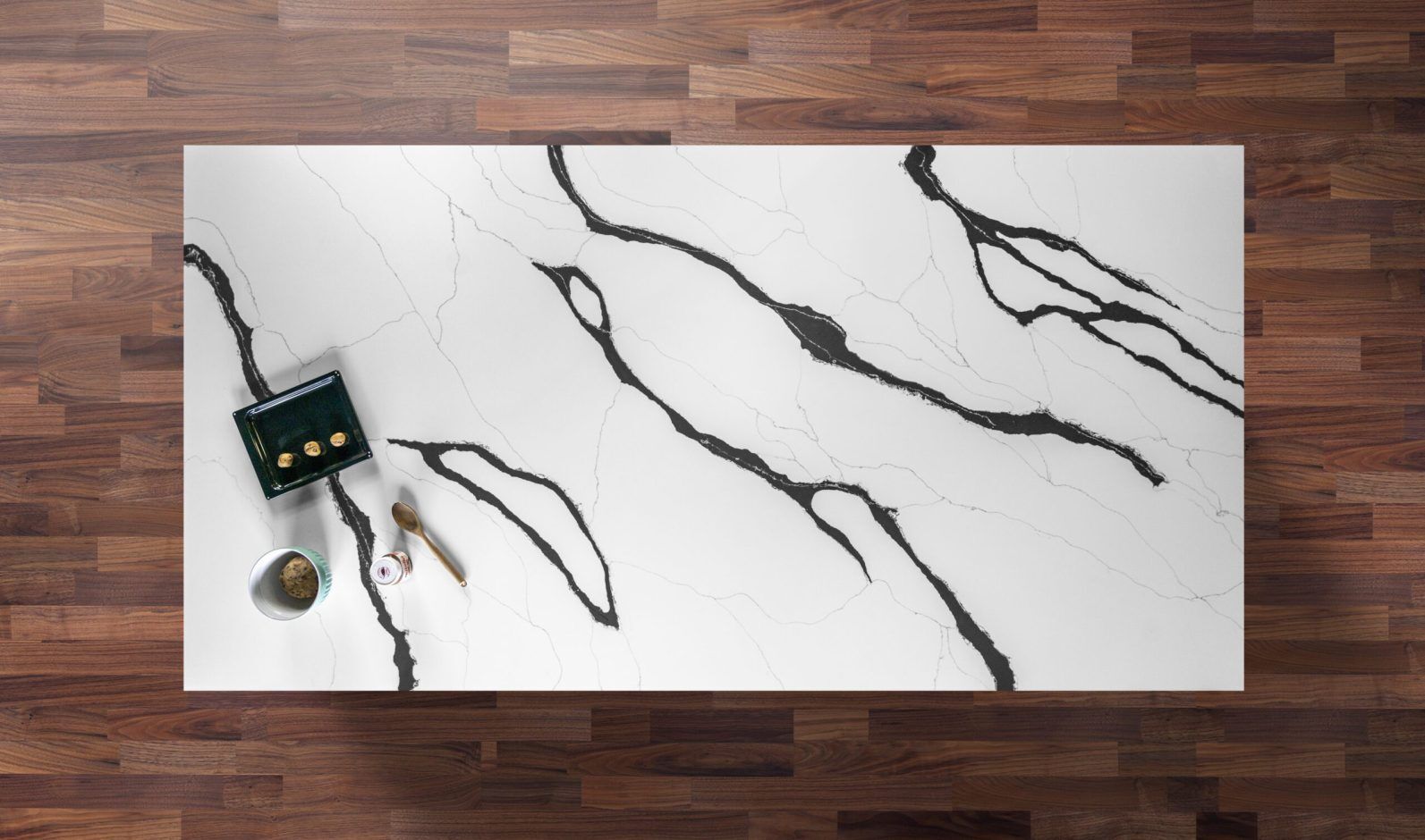 Black Calacatta Quartz worktop shown from above with bold black veining across a bright white marble-effect surface