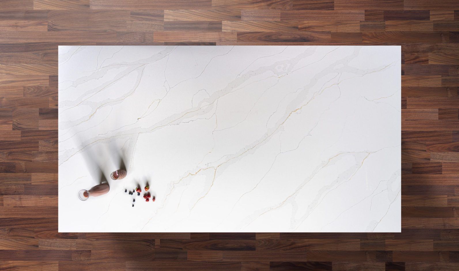 Eternal Calacatta Quartz worktop shown from above with bright white surface and soft grey veining in a marble-effect pattern