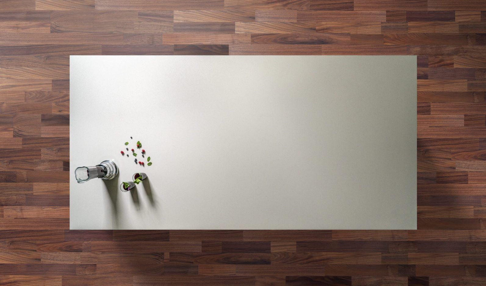 Overhead view of a white Quartz worktop showing a large smooth surface in a kitchen setting