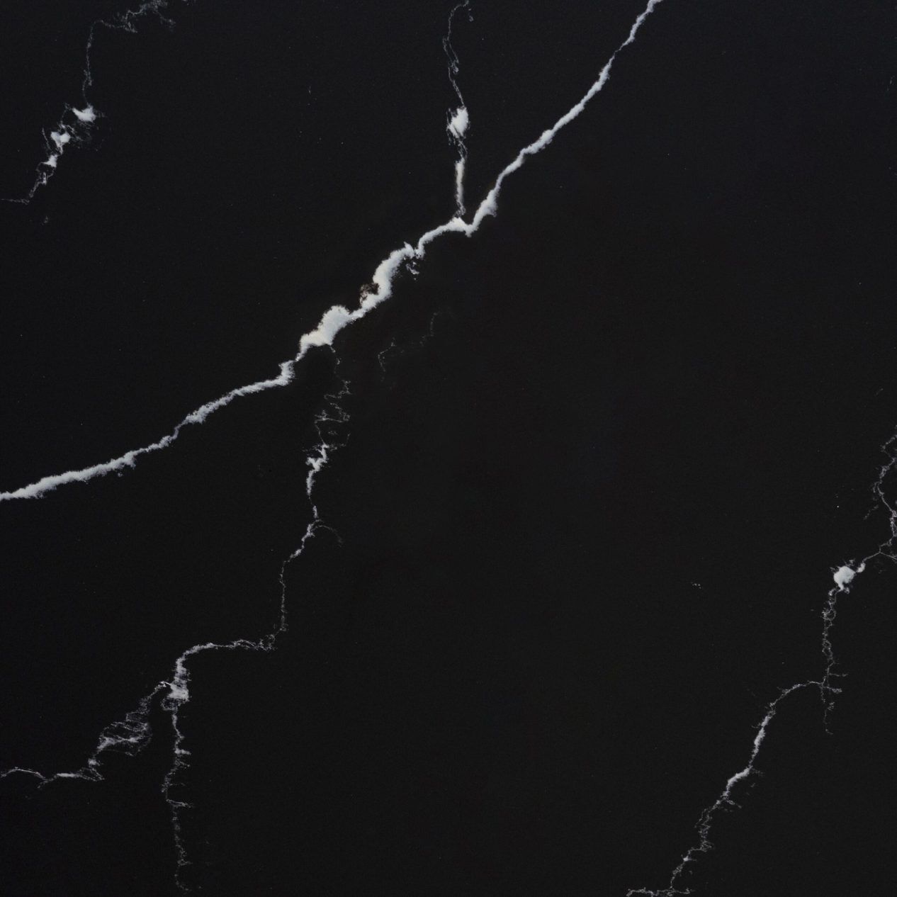 Nero Marquina Quartz slab close-up showing polished black background with sharp white veining running across the surface