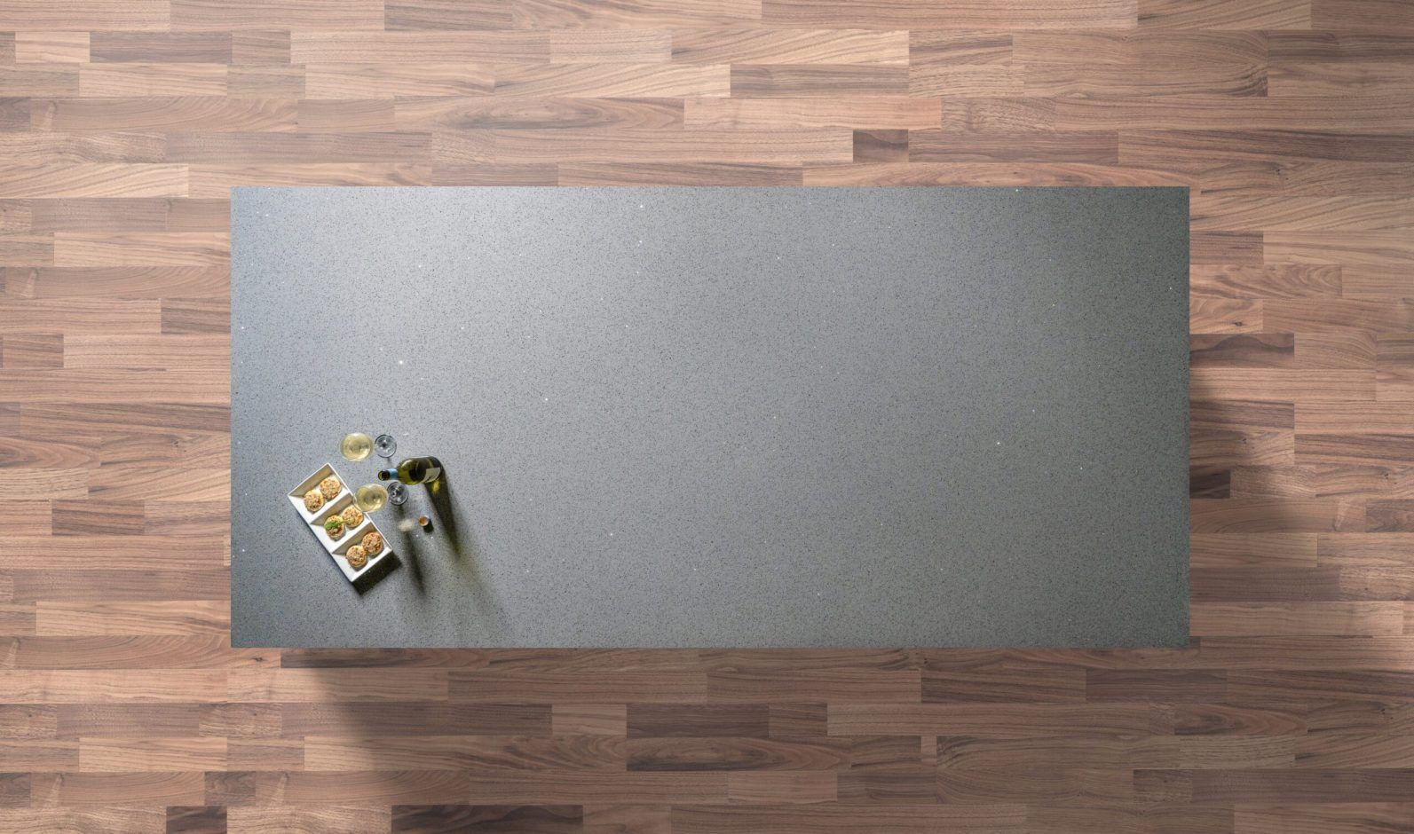 Grey Starlight Quartz worktop shown from above with fine sparkle flecks across a mid-grey surface